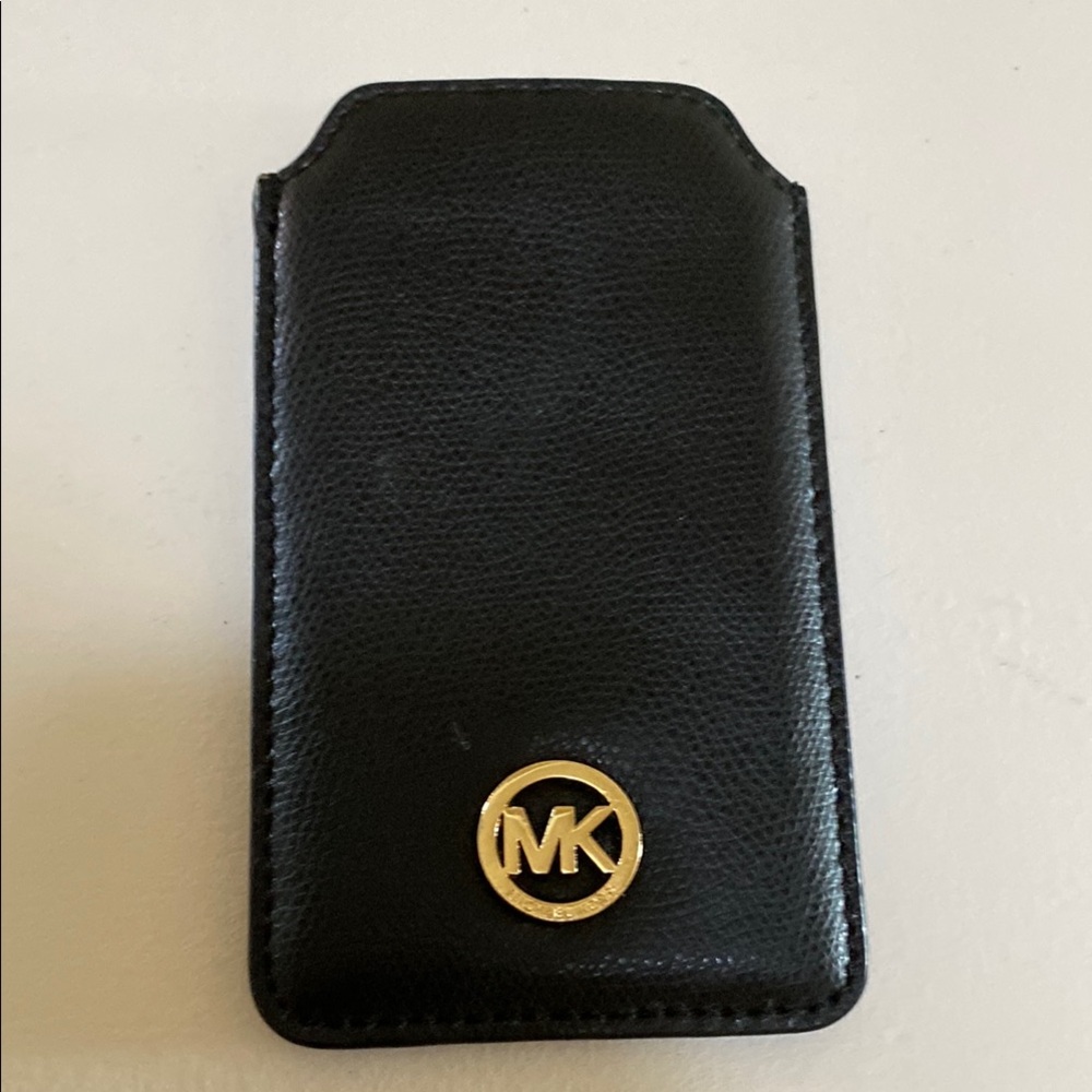 Michael Kors Black Leather Phone Holster with Gold Logo